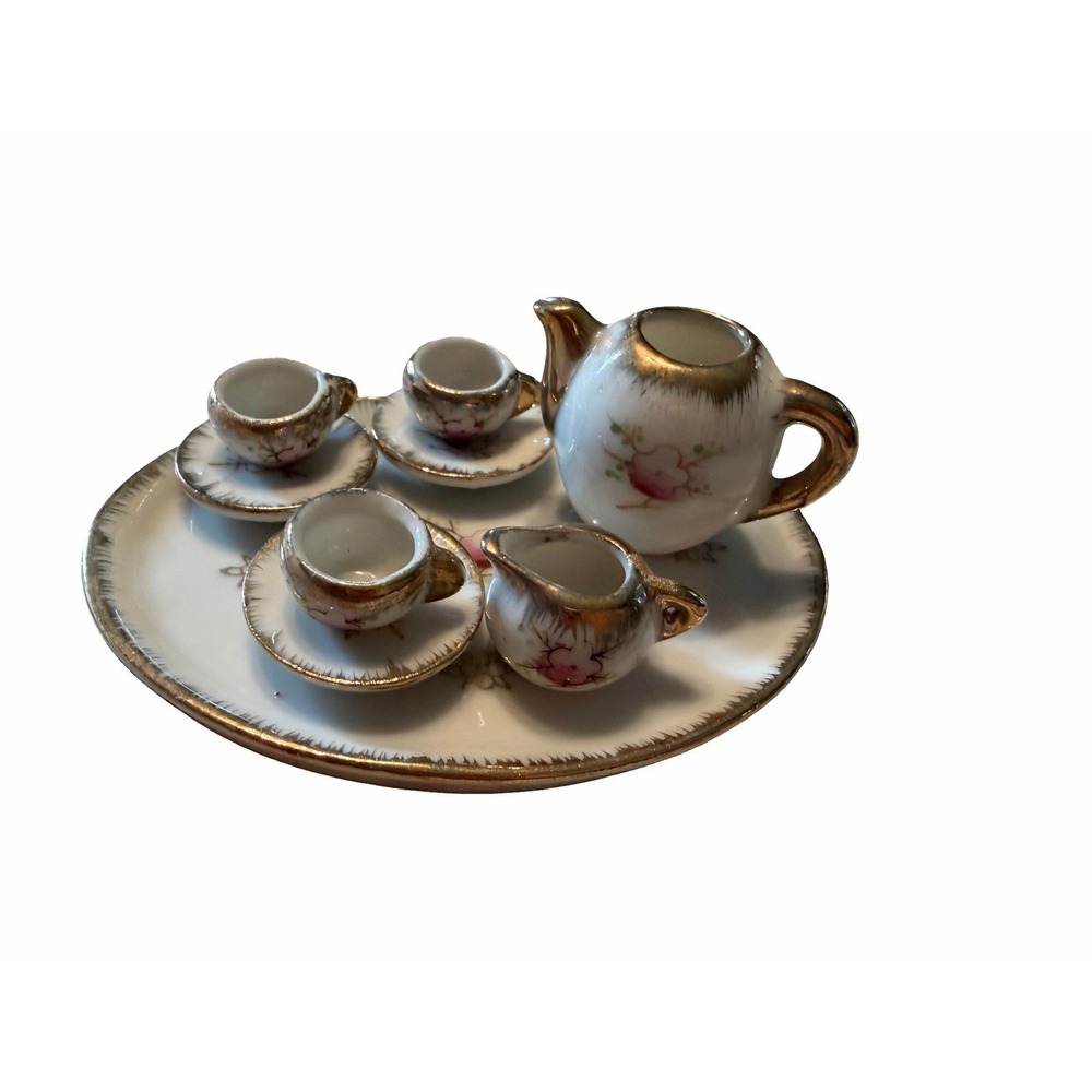 Vintage 1950s Miniature Porcelain Tea Set Japan 9 Pc Cherry Blossom Gold Trim